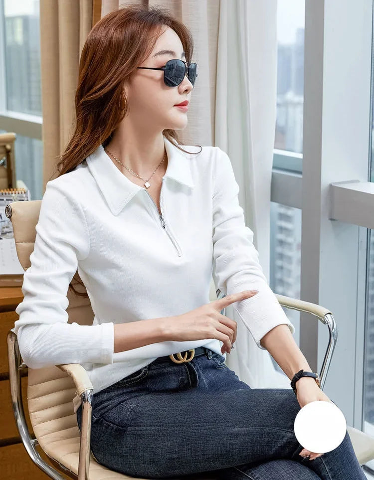 Polo Neck T Shirt for Women Long Sleeve Woman Tshirt Autumn Winter Slim Shirts Youthful Elegant Clothing Trend 2025 Polyester In