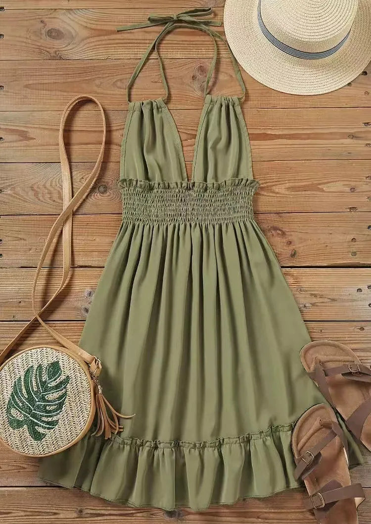 Women's Clothing European Dresses popular deep V-rope suspender black fungus edge parallel wrinkled seam backless sexy dress