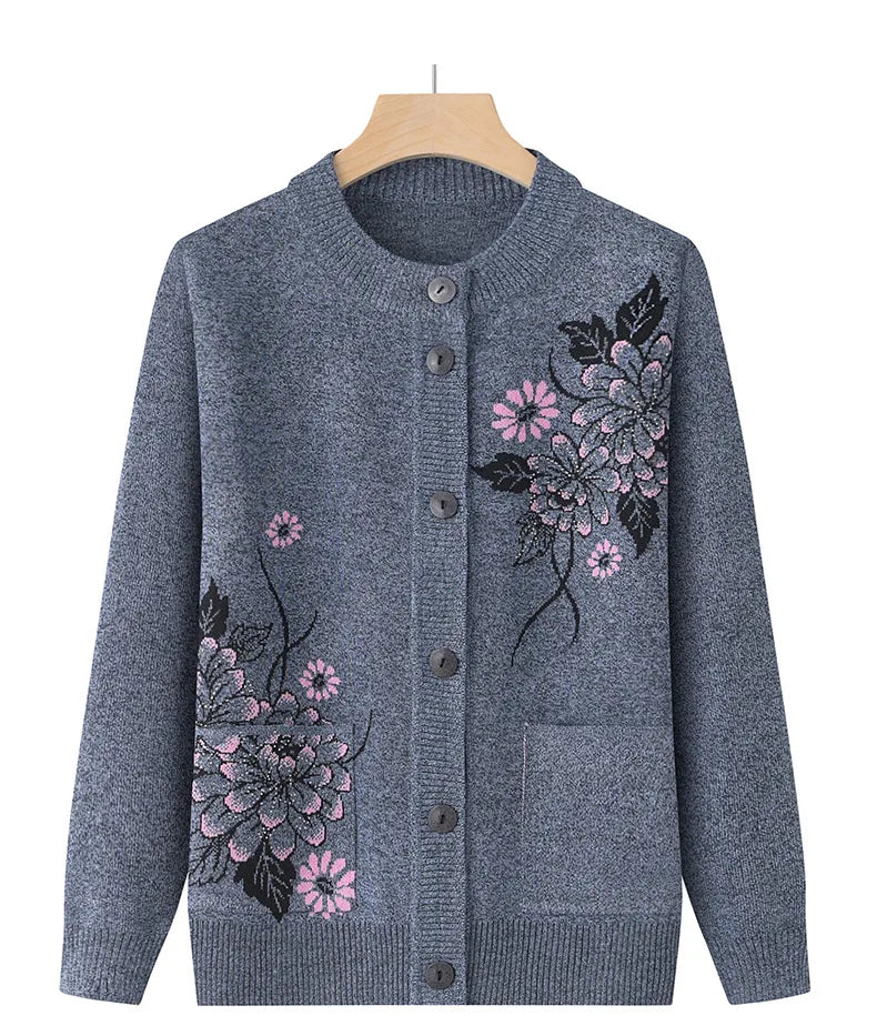 Korean Women's Clothes New Knit Woolen Printed Cardigan Coat Middle Aged Mother Knitwear Tops Vintage Grandma Sweater Jacket