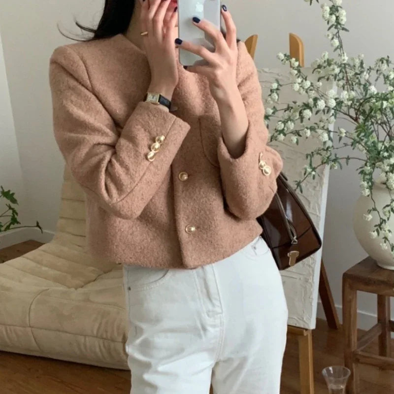 Women Autumn Winter 2025 French Vintage Coat Temperament High Quality Korean Casual Single Breasted Slim Tweed Jackets