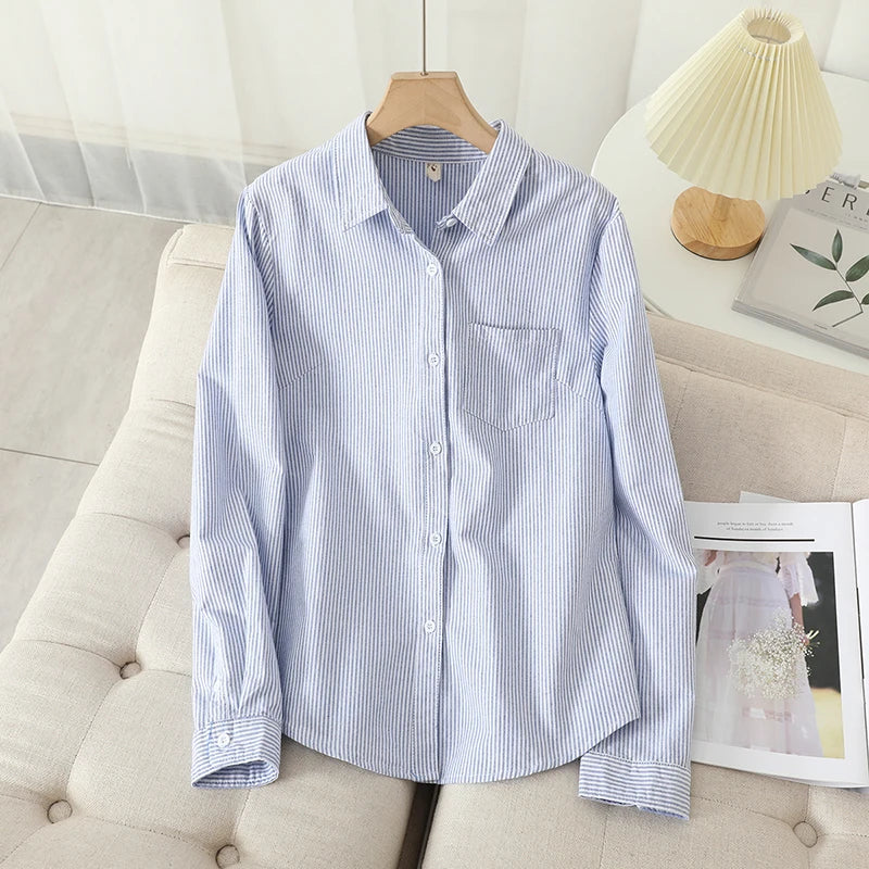 Casual Cotton Women's Oxford Shirt 2024 Autumn New Good Quality Woman Blouse and Tops Lady White Blue Striped Shirts Clothes
