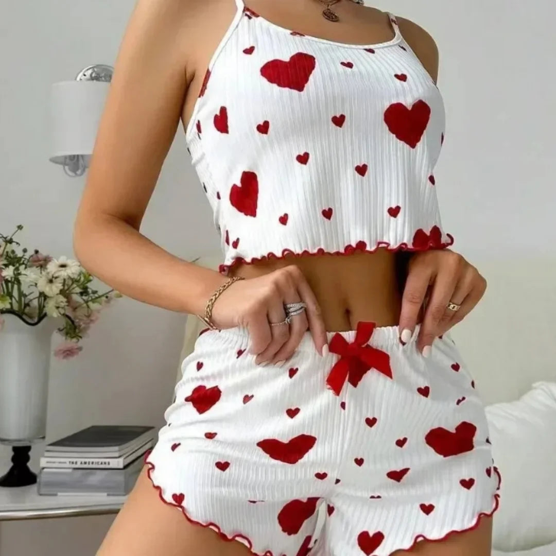 Summer New Women's Pajama Set Breathable Soft Casual Love Printed Design Sweet Home Strap Shorts Pajamas