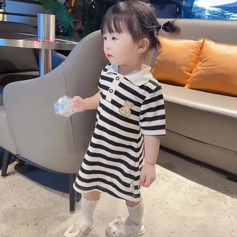 Summer Girl Dress Bear Embroidered Polo Neck Dresses Striped A-line Skirt Princess Skirt Soft and Comfortable Children Clothes