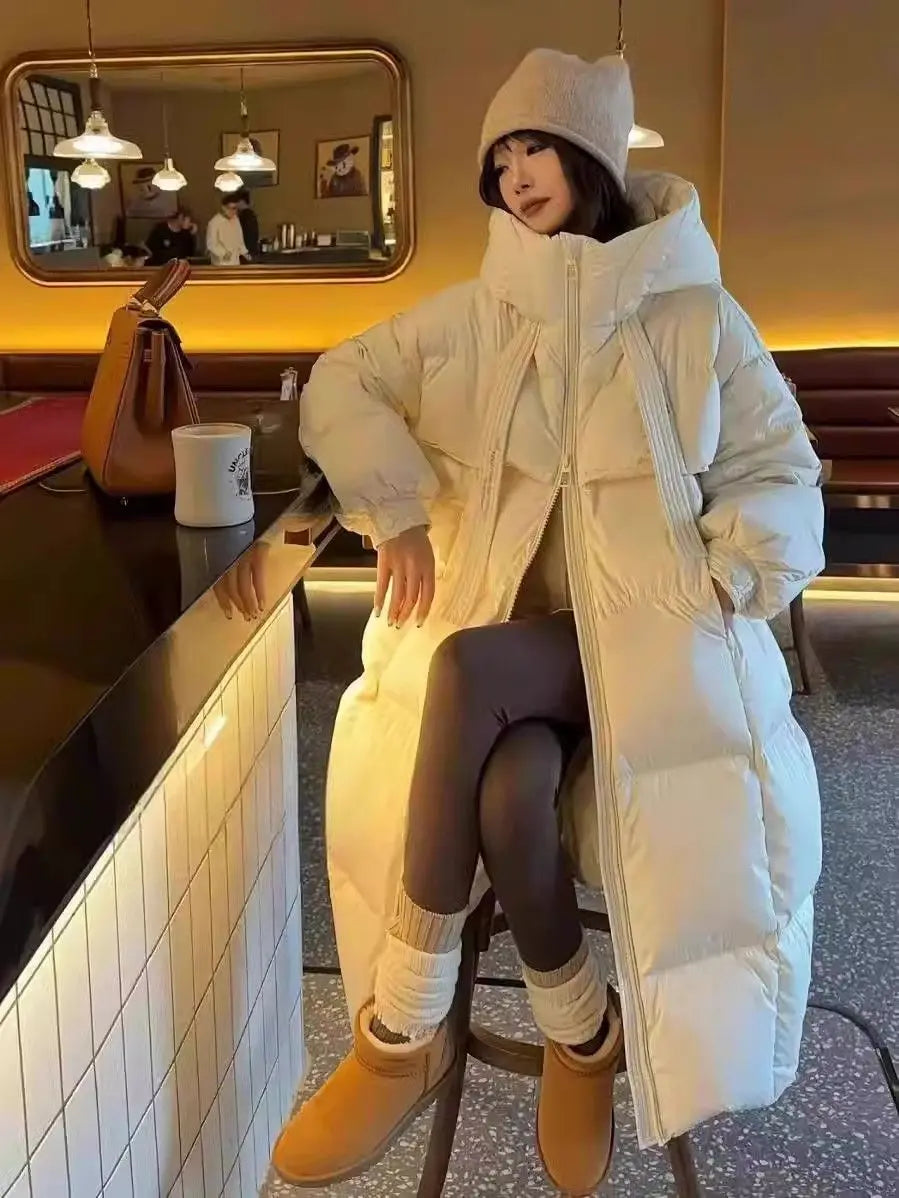 Black Winter Coat 2025 New Women's Thick Cotton Parka Jacket Korean Oversized Loose Hooded Coats Female Casual Long Overcoat