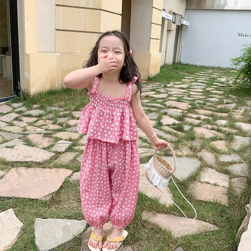 Summer Girls' Clothing Sets Sweet Cute Floral Camisole Plus Anti-Mosquito Pants Fashion Baby Kids Outfit Children Girls Clothes