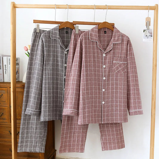 2025 Japanese New Men's Spring/Summer Pajama Set 100% Cotton Plaid Long Sleeve Pants Two Piece Set Large Relaxed Home Furnishing