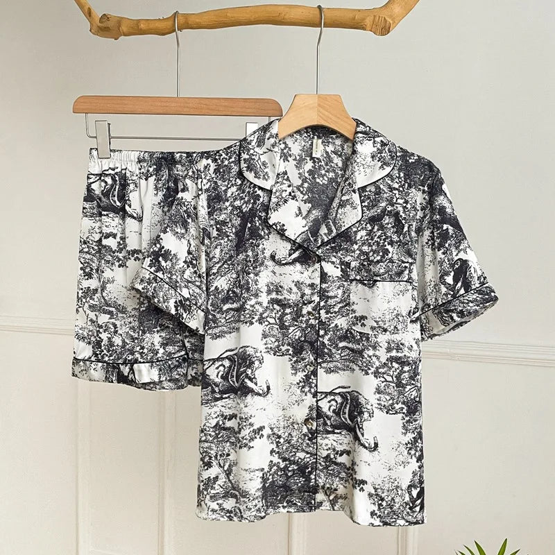 Women's Pajamas Sets Spring Autumn 2 Piece Print Leaves Pyjama Faux Silk Satin Sleepwear Long Sleeve Pijama Mujer Pjs Homewear