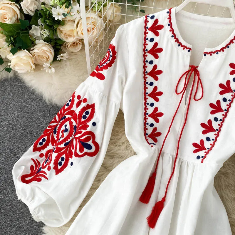 Bohemian Embroidered Dress for Women, Boho, Flower, O-Neck, Lantern Long Sleeve, High Waist, Cotton, White, Spring