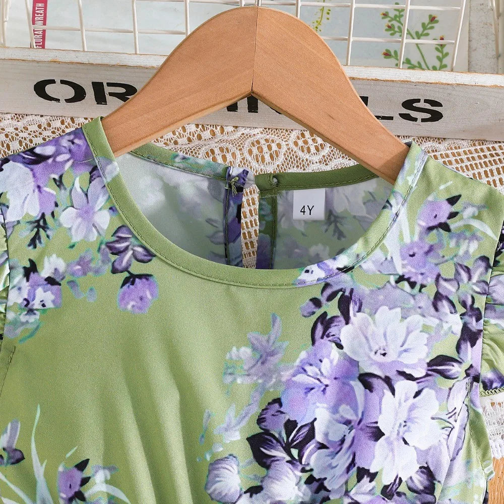 Girls' Dress, Full Flower Print Dress,O-neck Casual Dress, Waist Dress with Bow Decoration, Suitable for Girls' Dresses Aged 2-7