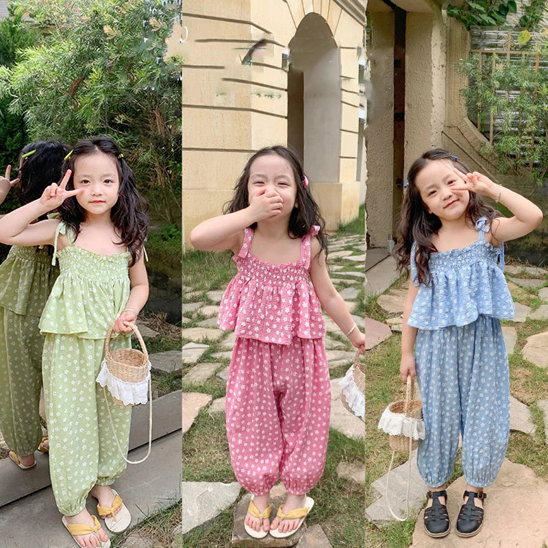 Summer Girls' Clothing Sets Sweet Cute Floral Camisole Plus Anti-Mosquito Pants Fashion Baby Kids Outfit Children Girls Clothes