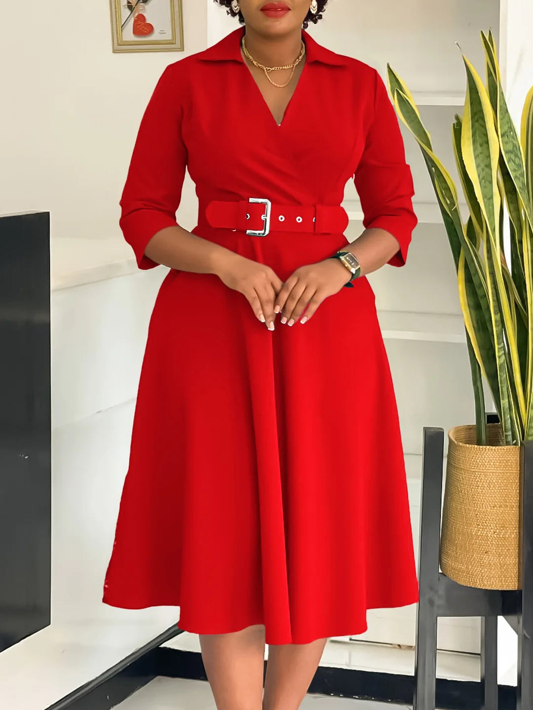 Large size women's 2025 autumn new lapel fashion temperament solid color swing skirt dress