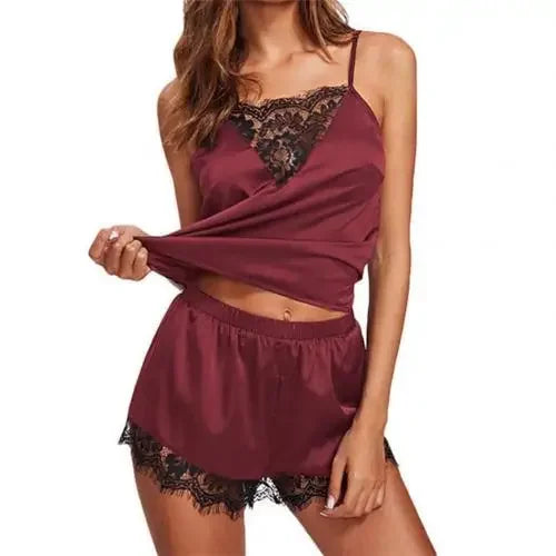 2Pcs Sexy Pajama Set Women Sexy Lace Patchwork Satin Silk Spaghetti Strap Top Hot Shorts Pajama Women Sleepwear Femme Pijamas