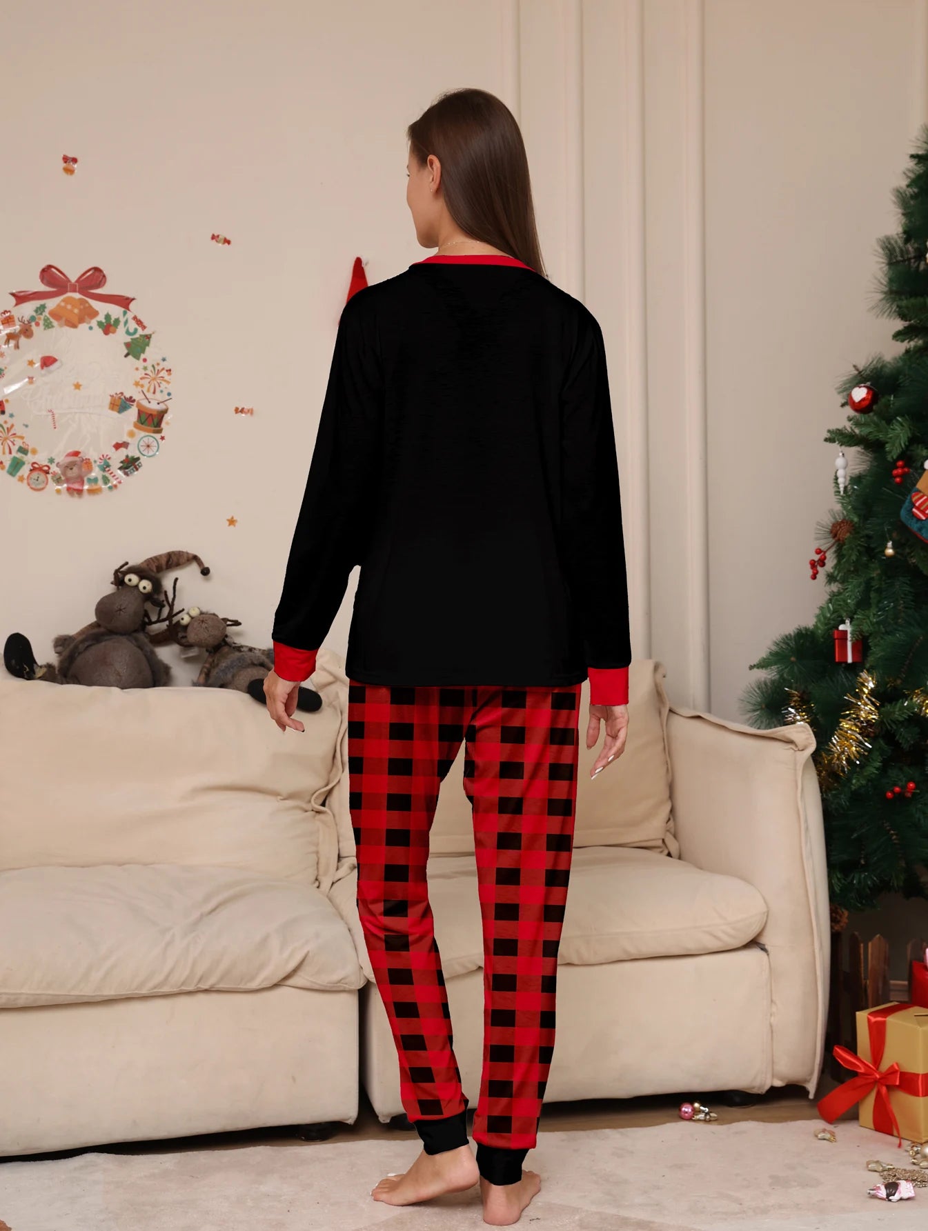 Women's Christmas Pajama Ensemble, Black Shirt with Christmas - Themed Graphics, Plaid Patterned Bottoms