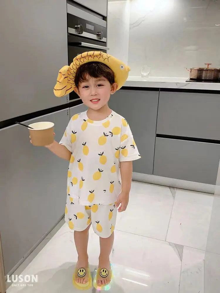 Summer Home Clothes Air-conditioned Clothes Boys and Girls Ice Silk Fabric Loose Short Sleeved Shorts Two-piece Set of Pajamas