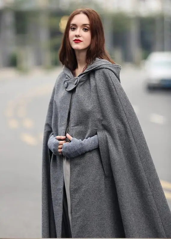 Women Long Cape Cloak Stylish Hooded Wool Blend Cloak Coat Ladies Autumn Hoodies Poncho Warm Cosplay Jackets Outwear Windbreaker