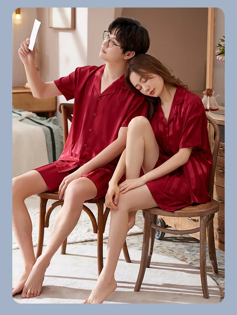 Pajamas Sets for Women Men Sexy Sleepwear Silk Women Pijama Sets Long Sleeve Cardigan Set Female Ice Silk Pyjamas Home Clothing