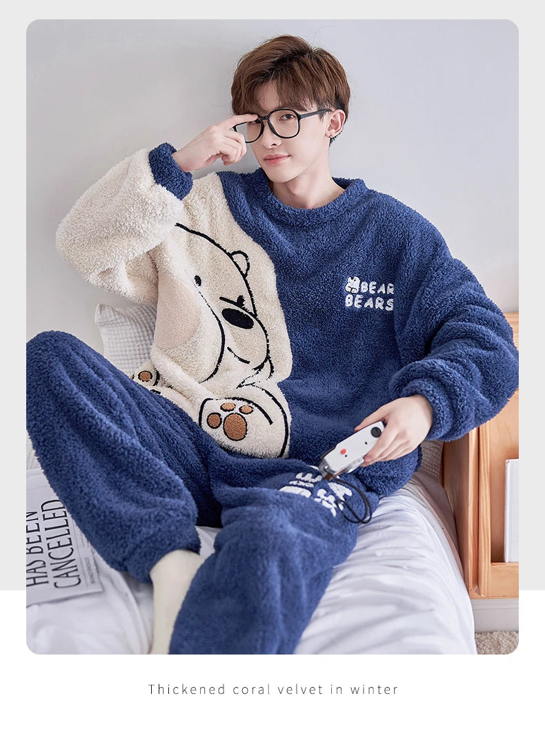 Winter Korean Men Pajamas Sets Adult Sleepwear Home Clothes Thicken Soft Pijama Suit Loungewear Loose Bear Male Pyjama Clothing
