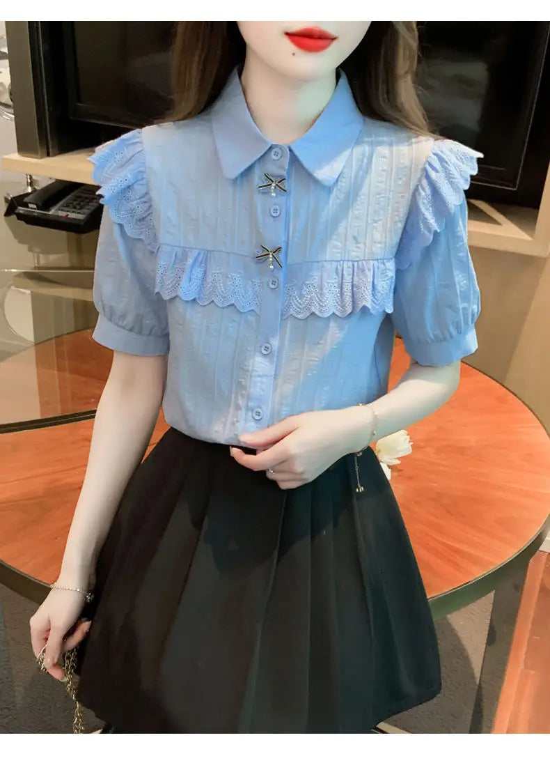 Summer Dress Women's Shirt T-Shirt New Women's Shirt Cotton Shirt Women's Foreign Design Sense Niche Short Sleeve Lace Top