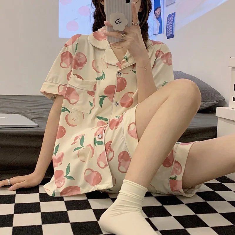 Women's Summer Three-Piece Pajama Set: Cute Teenage Student Short-Sleeved Long Pants Casual Korean-Style Pajamas Underwear