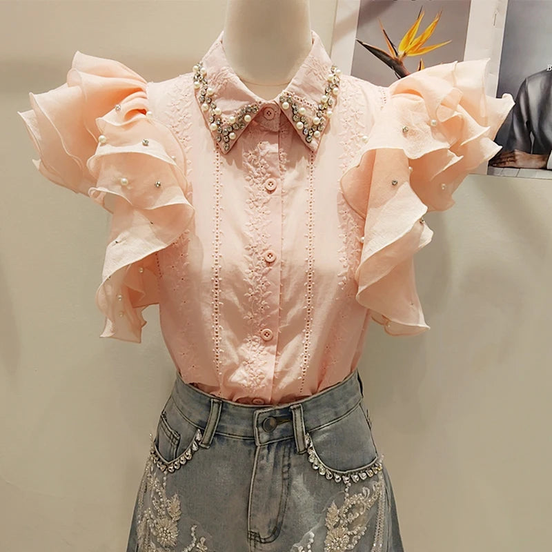 2025 Blusas Mujer De Moda Sweet Blouse Diamond Flying Sleeve Ruffles Pink Shirts Temperament Summer Blouses Tops Women Clothing