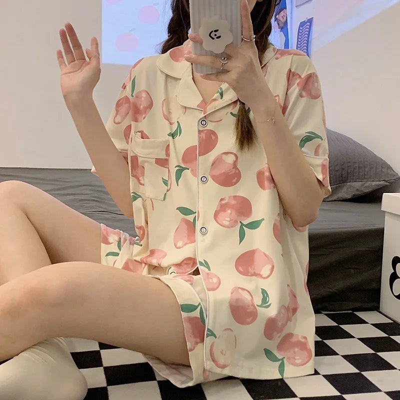 Women's Summer Three-Piece Pajama Set: Cute Teenage Student Short-Sleeved Long Pants Casual Korean-Style Pajamas Underwear