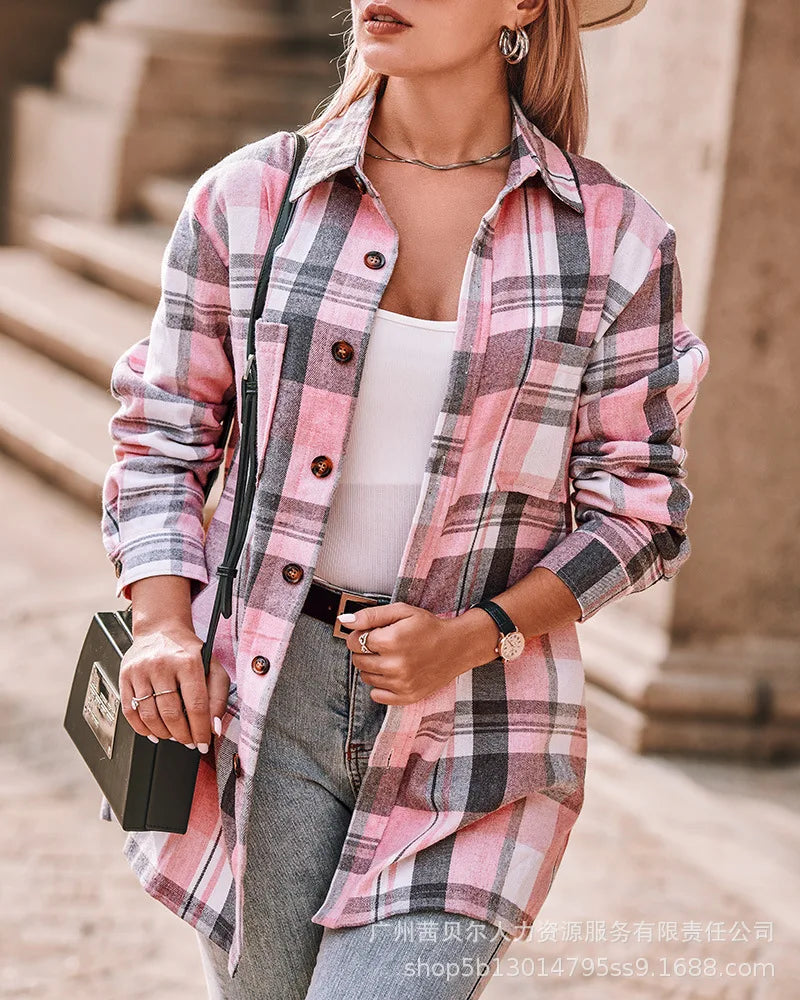 Women Coat Spring New Loose Plaid Pocket Splicing Shirt Coat Women Long Sleeve Single-Breasted Cardigan Turn-down Collar Coat