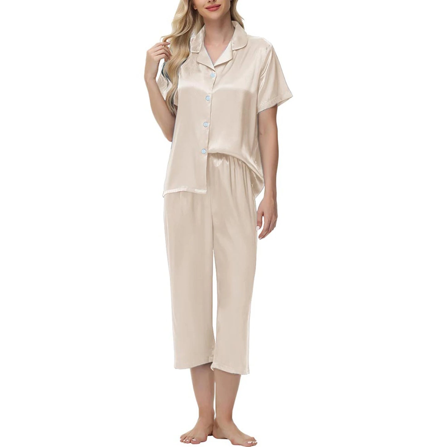 Women'S Pajama Set Burgundy Silky Fabric Short Sleeve Fashion Pants Home Clothes Bedroom Leisure Scene Stay At Home