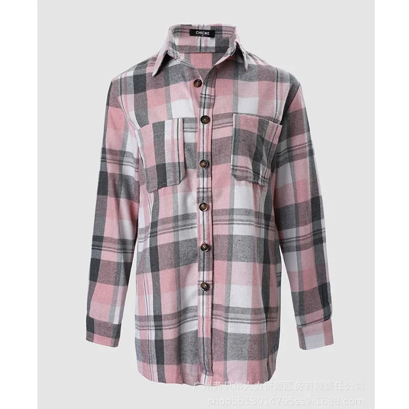Women Coat Spring New Loose Plaid Pocket Splicing Shirt Coat Women Long Sleeve Single-Breasted Cardigan Turn-down Collar Coat