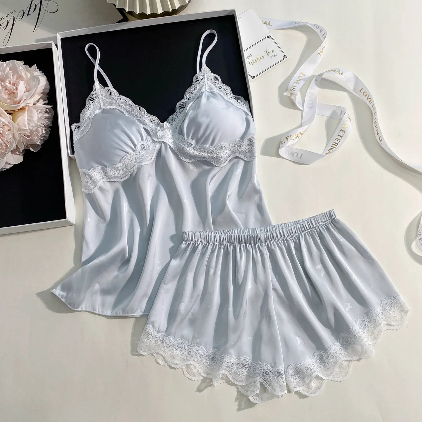 Female Suspender Pajamas Set Lounge Wear Sexy Hollow Out Lace Intimate Lingerie Sleepwear Summer New Strap Top&shorts Homewear