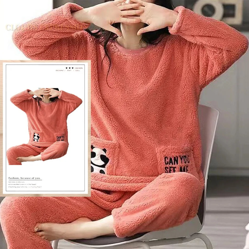 Autumn Winter Flannel Women's Pajamas Sets Polka Dots Printed Teddy Sleepwear Velvet Homewear Kawaii Girsl Pijamas Mujer Pyjama