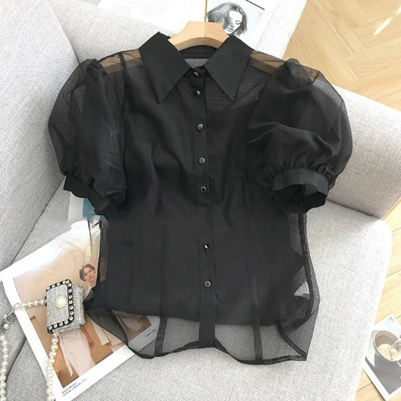Black Blouse Women Clothing Puff Sleeve Turndown Collar Crop Tops 2025 Blusas Mujer De Moda Gauze See Through Sexy Shirts 7o132