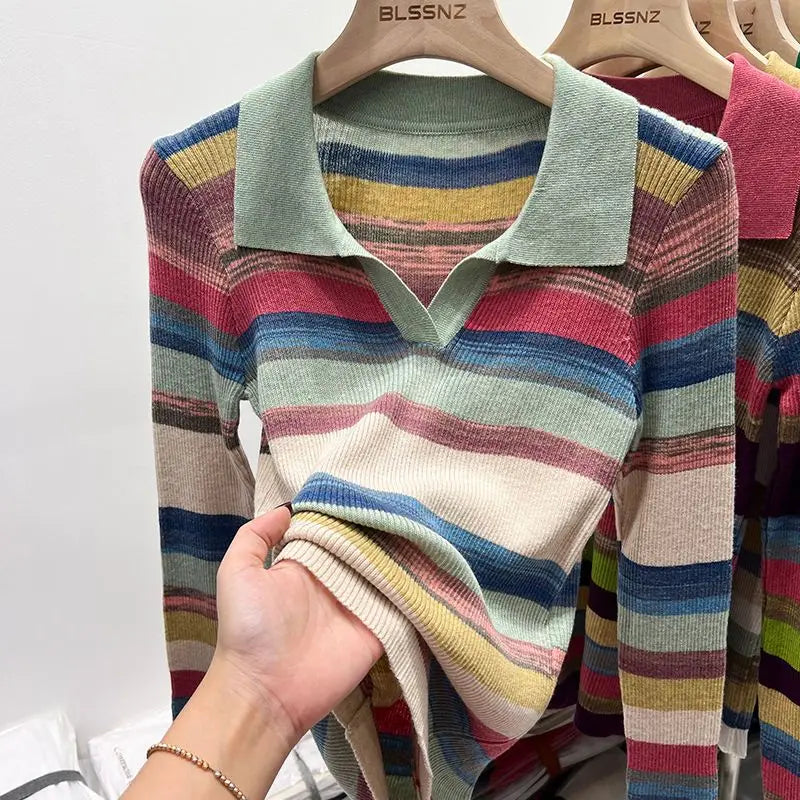Polo Neck Shirts For Women Long Sleeve Tops Striped Clothing Knit Youth Offer Chic Elegant Summer 2024 T-shirt Woman Cotton New