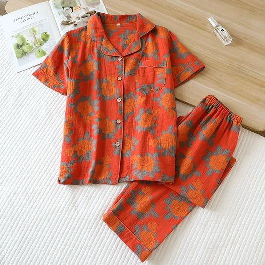 Summer Pijama Cotton Pajamas Set Middle Aged Mother Women 2 Piece Set Outfit Jacquard Home Wear Trousers Short Sleeve Sleepwear