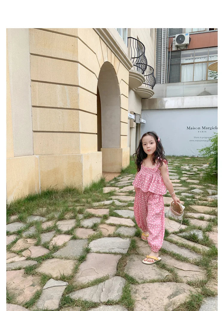 Summer Girls' Clothing Sets Sweet Cute Floral Camisole Plus Anti-Mosquito Pants Fashion Baby Kids Outfit Children Girls Clothes