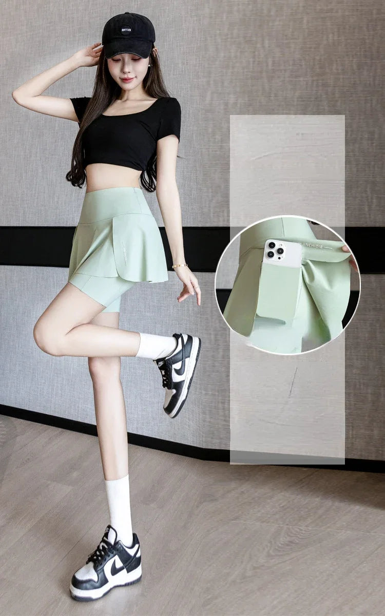 Fake Two Items Shorts Women Big Size Shorts with Pocket Gym Trainning Running Yoga Shorts Stretchy Cycling Three Point Pants