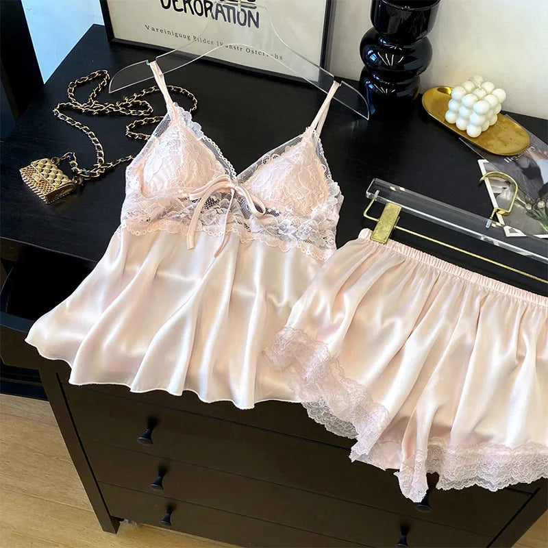 Female Suspender Pajamas Set Lounge Wear Sexy Hollow Out Lace Intimate Lingerie Sleepwear Summer New Strap Top&shorts Homewear