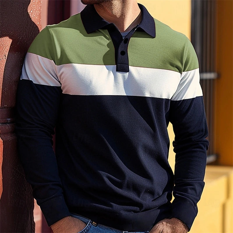 Simple Stripe Pattern Polo Shirt Fashion Casual Mens 3D Printed Long Sleeve Polo T Shirts Loose Spring Autumn Streetwear Tops