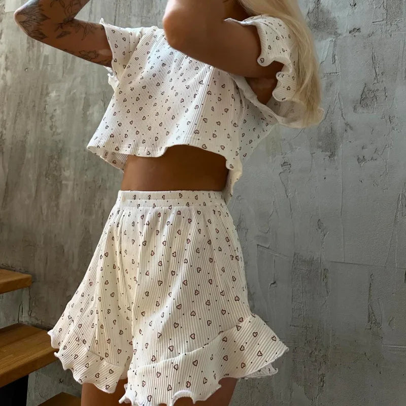 Summer New Women's American Short-Sleeved Pajamas Homewear Sets for Girls Casual Printing Ruffles Short-Sleeved Shorts Pajama Se