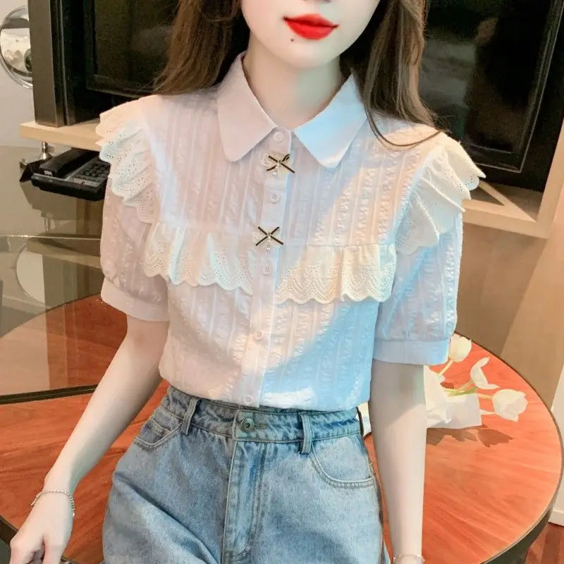 Summer Dress Women's Shirt T-Shirt New Women's Shirt Cotton Shirt Women's Foreign Design Sense Niche Short Sleeve Lace Top