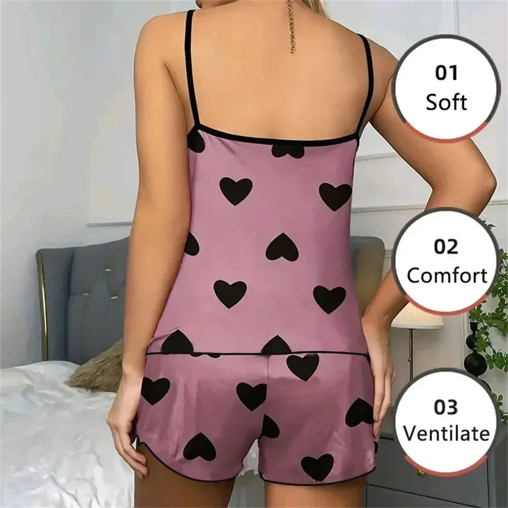 Summer New Women's Pajama Set Breathable Soft Casual Love Printed Design Sweet Home Strap Shorts Pajamas