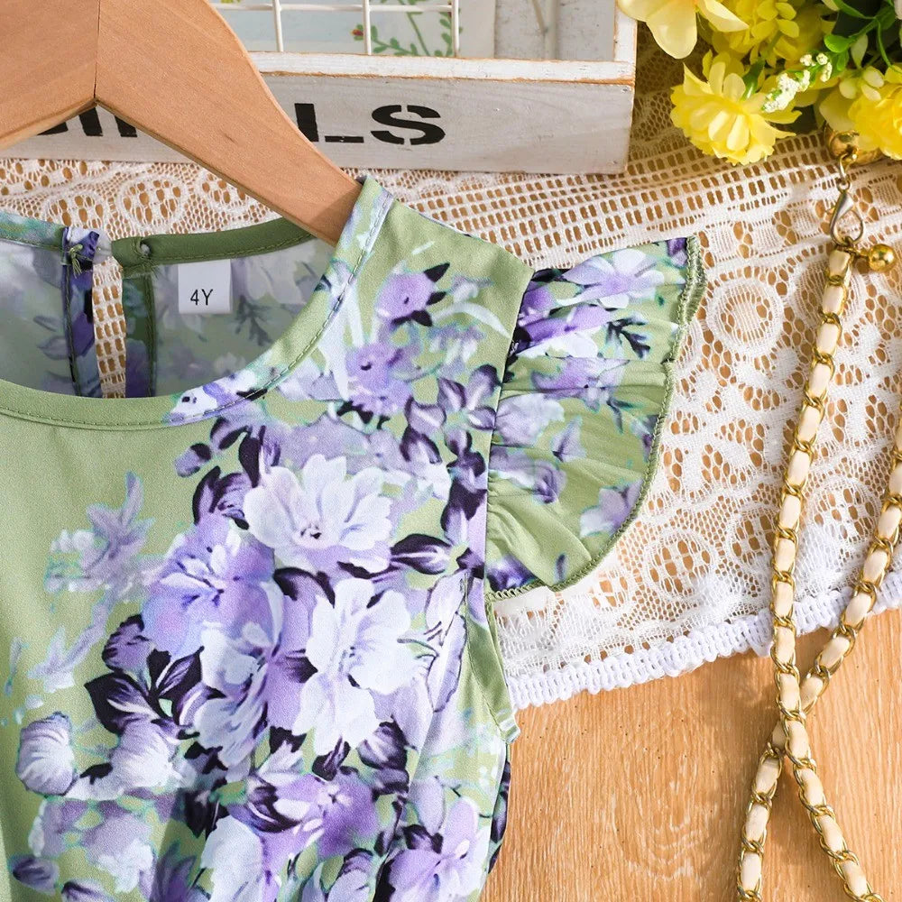 Girls' Dress, Full Flower Print Dress,O-neck Casual Dress, Waist Dress with Bow Decoration, Suitable for Girls' Dresses Aged 2-7