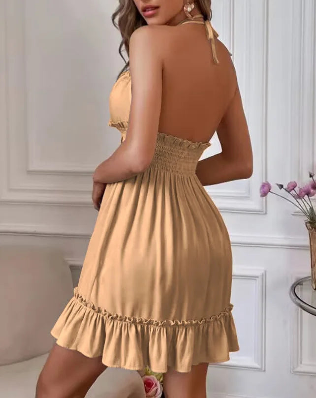 Women's Clothing European Dresses popular deep V-rope suspender black fungus edge parallel wrinkled seam backless sexy dress