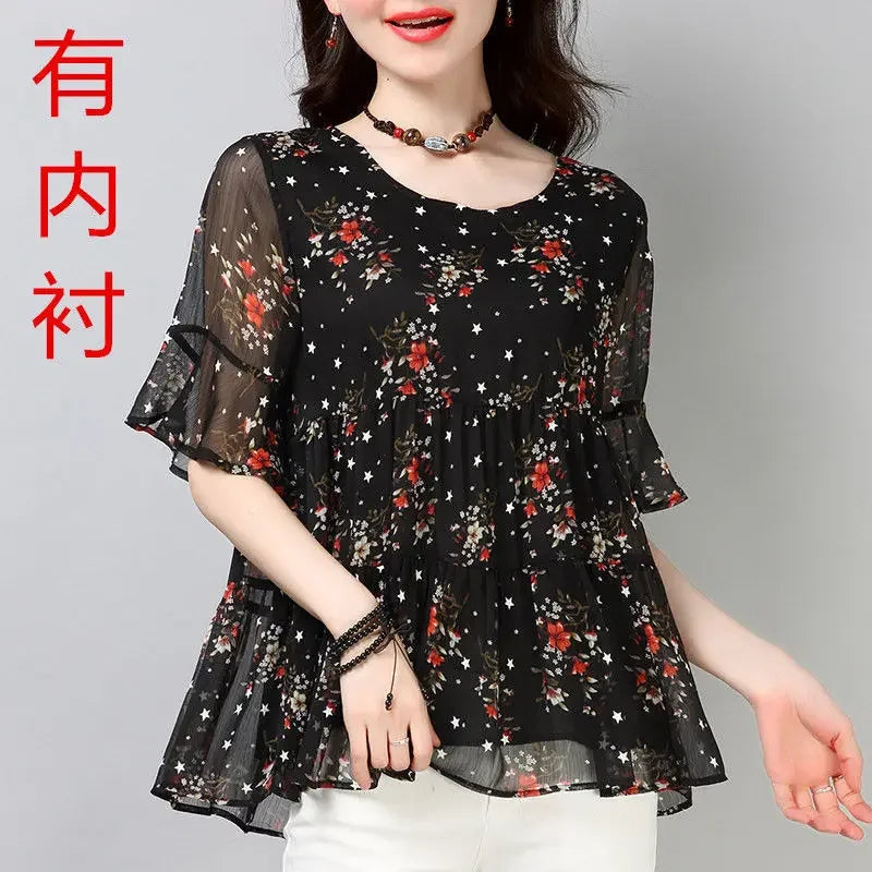 Blouse Women Chiffon Shirt Short Sleeve Women's Top Printed Loose round Neck Blusas Ropa De Mujer