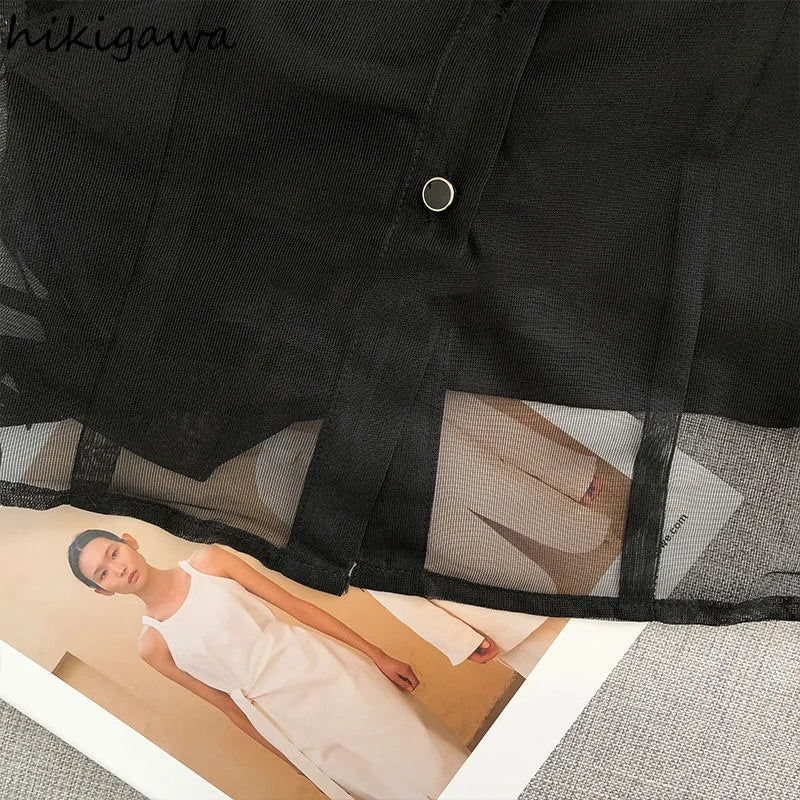 Black Blouse Women Clothing Puff Sleeve Turndown Collar Crop Tops 2025 Blusas Mujer De Moda Gauze See Through Sexy Shirts 7o132