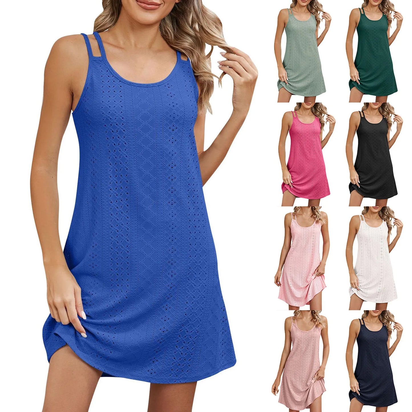 Summer Dresses For Women 2024 Solid Color Round Neck Sleeveless Fishnet Hollow Out Beach Sundresses For Female Vacation Dresses