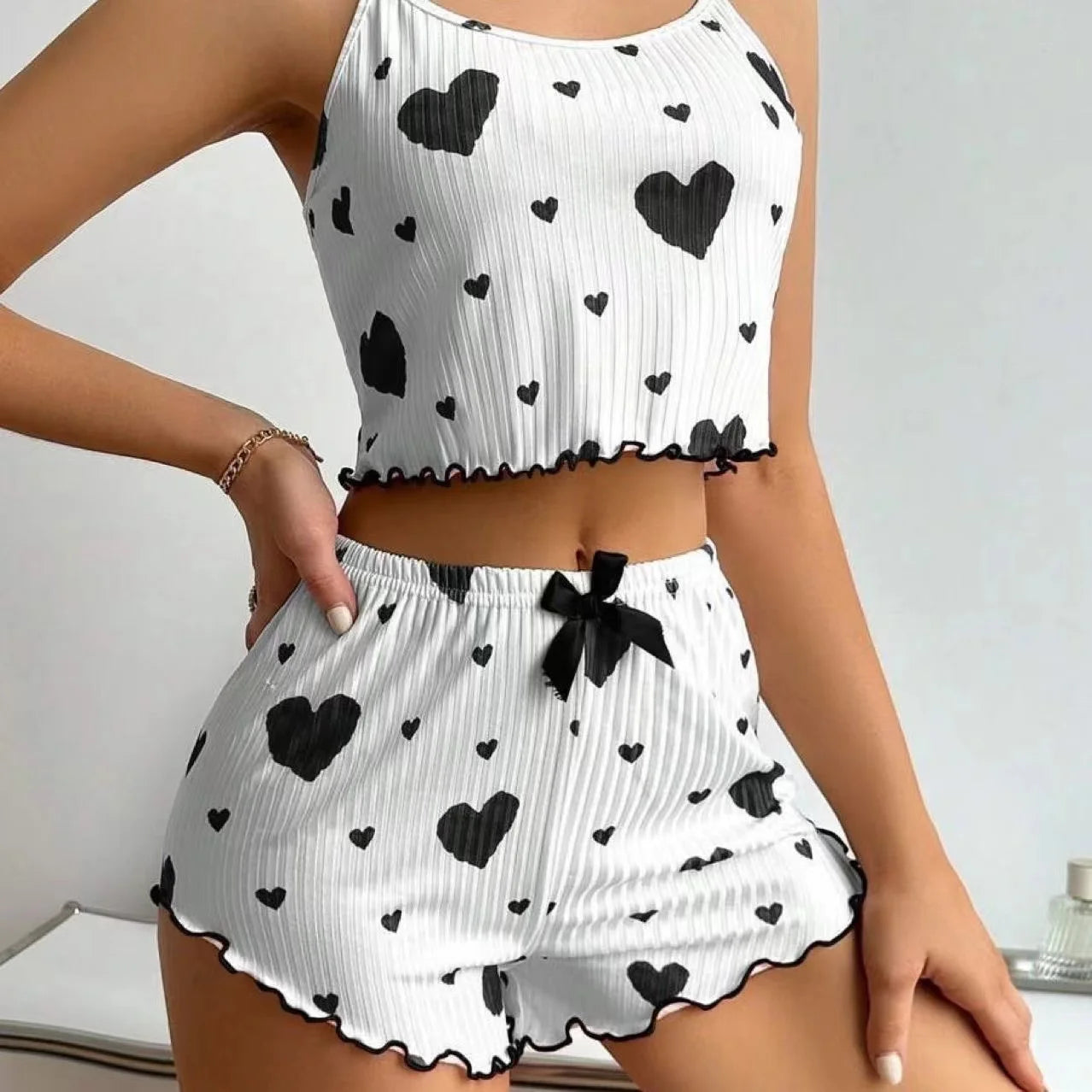 Summer New Women's Pajama Set Breathable Soft Casual Love Printed Design Sweet Home Strap Shorts Pajamas