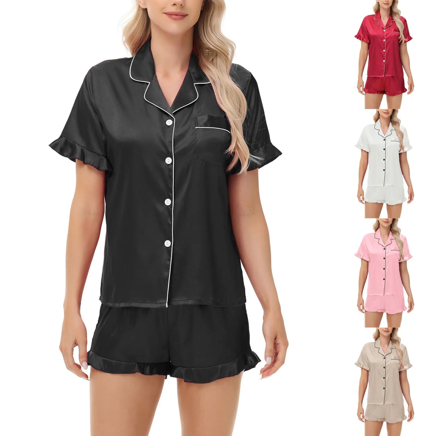 Luxurious Short Sleeve Satin Pajama Women Daily Home Wear Sleepwear Imitation Silk Lounge wear Button-Up Lapel Collar Nightwear