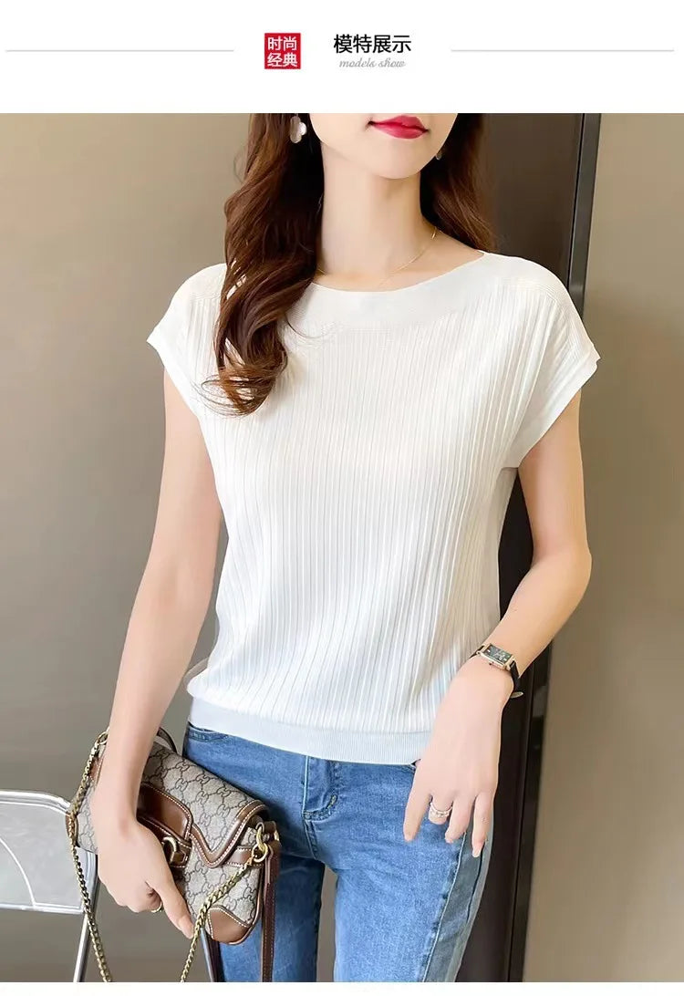 2025 New Spring Autumn Fashion Straight Neck  Knitted Sweater Short Sleeve Women Solid Color Simple Casual Tops Fema
