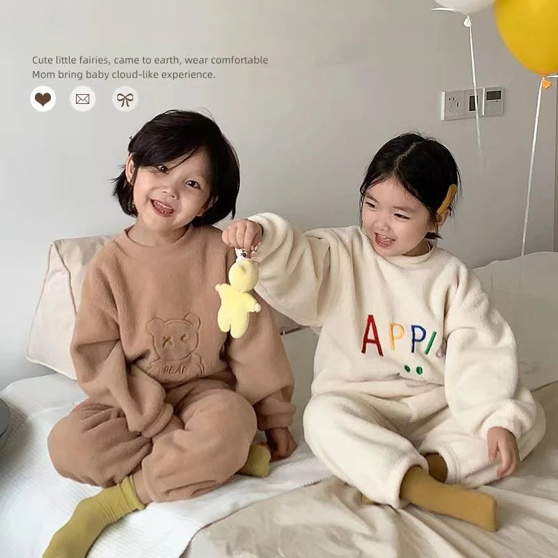 Children's Pajama Set for Boys and Girls Autumn and Winter with Thick Velvet Home Clothes Baby Warm Pure Color Clothing Set