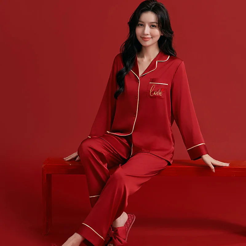 Couples Casual Red Pajamas Ice Silk Women Mens Pajama Pants Sets Satin Long Sleeve Sleepwear Home Pijama Night Wear Loungewear